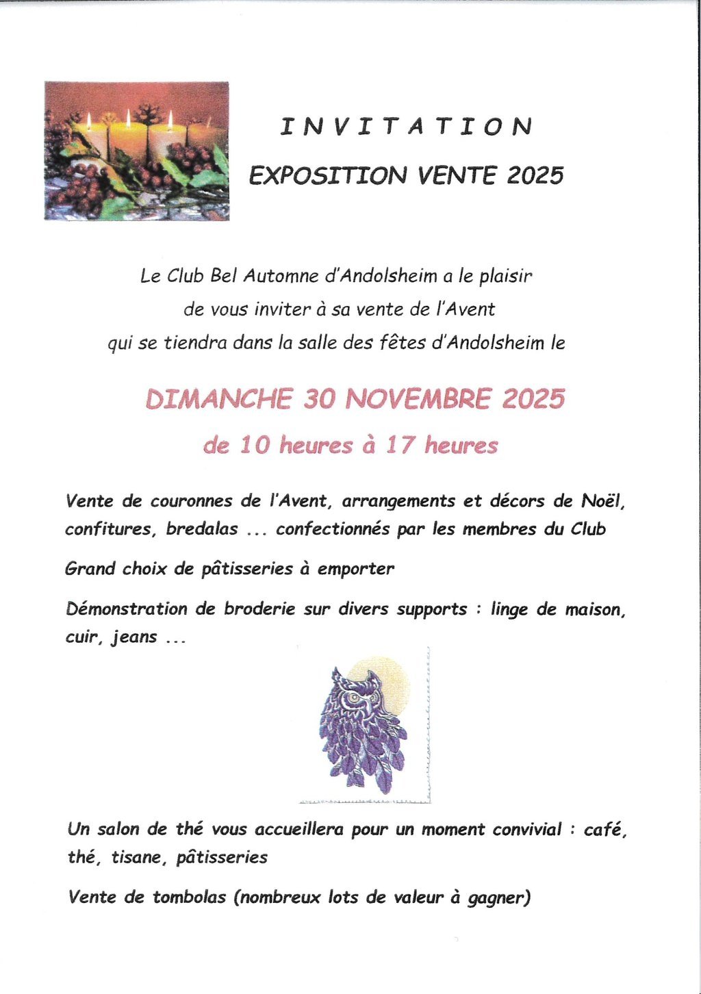 Exposition-vente 2025 du Club Bel Automne – Dimanche 30 novembre 2025